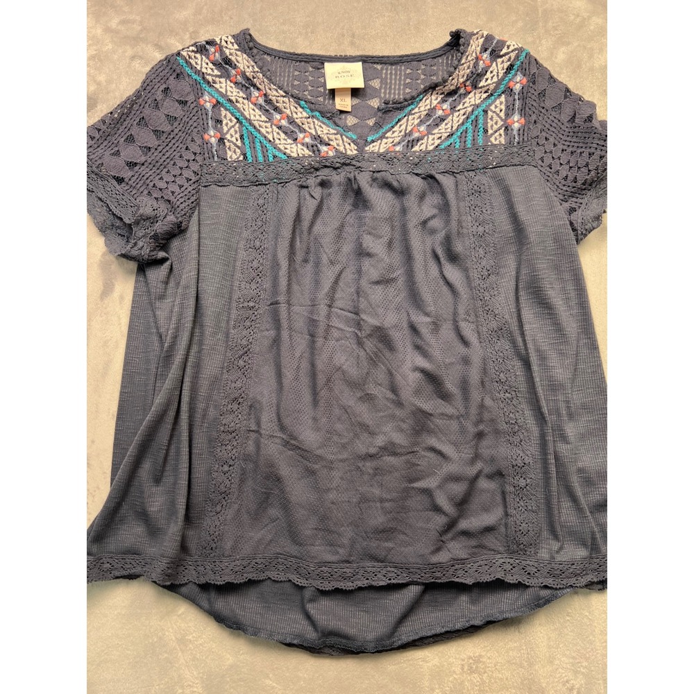 Knox Rose Navy Blue Boho Crochet Lace Embroidered Peasant Top XL Short Sleeve